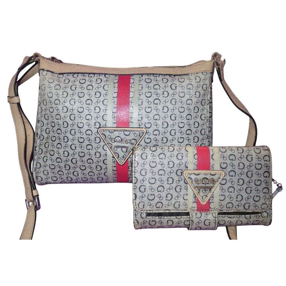 GUESS signature G coated canvas & leather red stripe crossbody & matching wallet